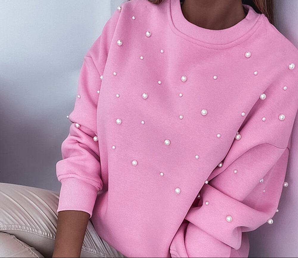 Bonbon Pearl Detail Ribbed Crew Neck Sweatshirt