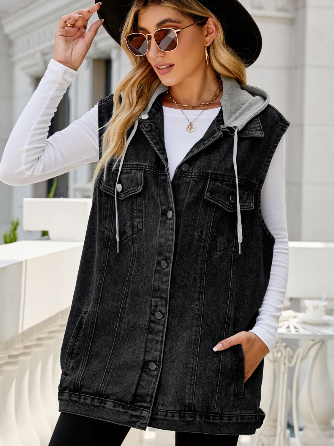 Drawstring Pocketed Button Up Sleeveless Denim