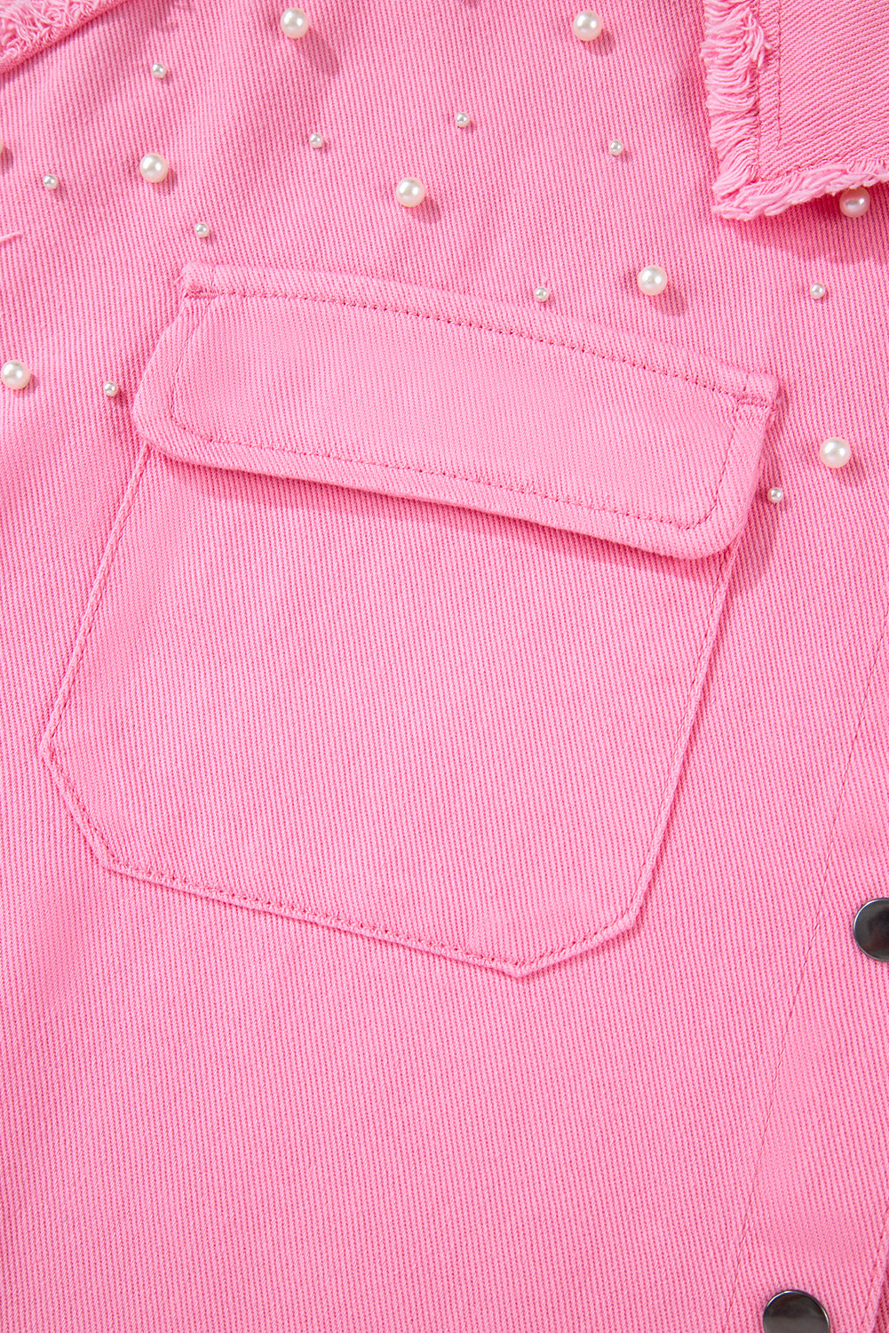 Khaki Pearl Beaded Raw Hem Button Up Denim Jacket