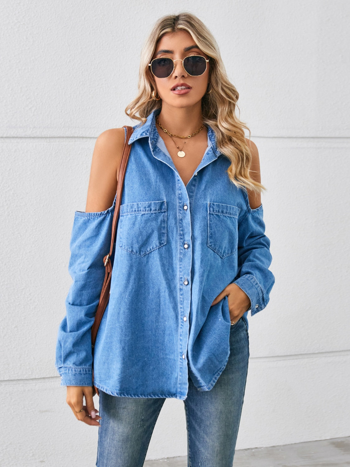 Cold Shoulder Pocketed Button Up Denim Top
