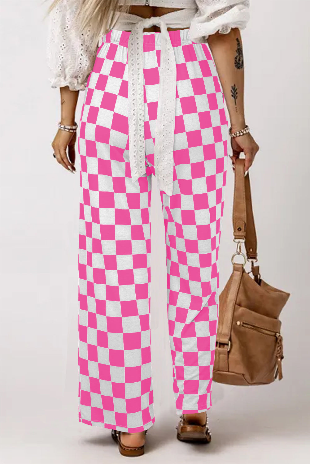 Checked Print High Waist Wide Leg Pants