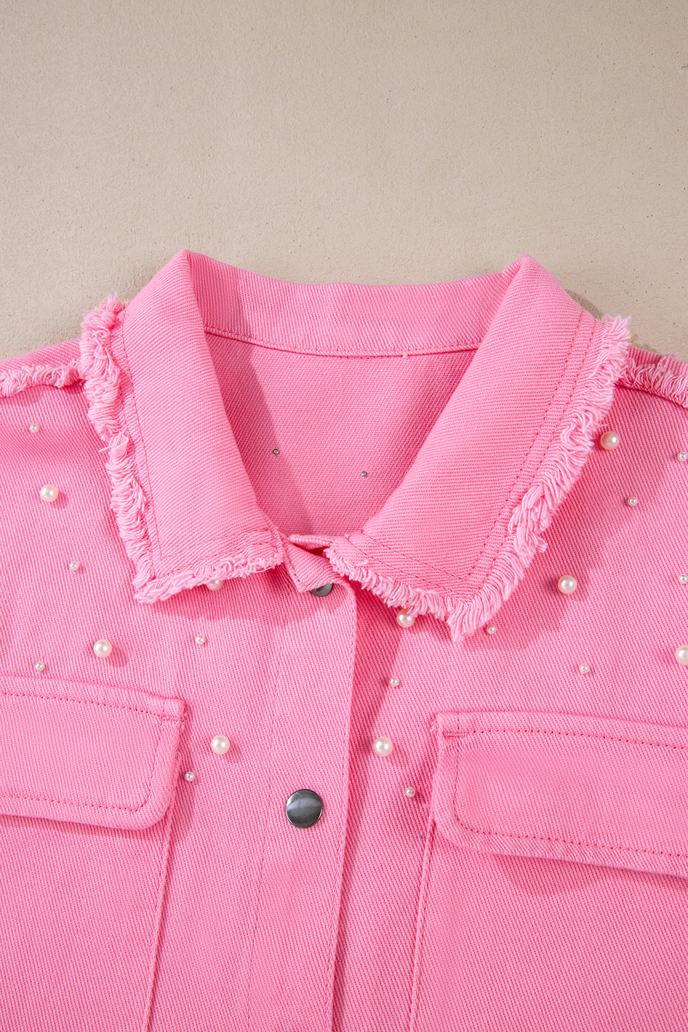 Khaki Pearl Beaded Raw Hem Button Up Denim Jacket
