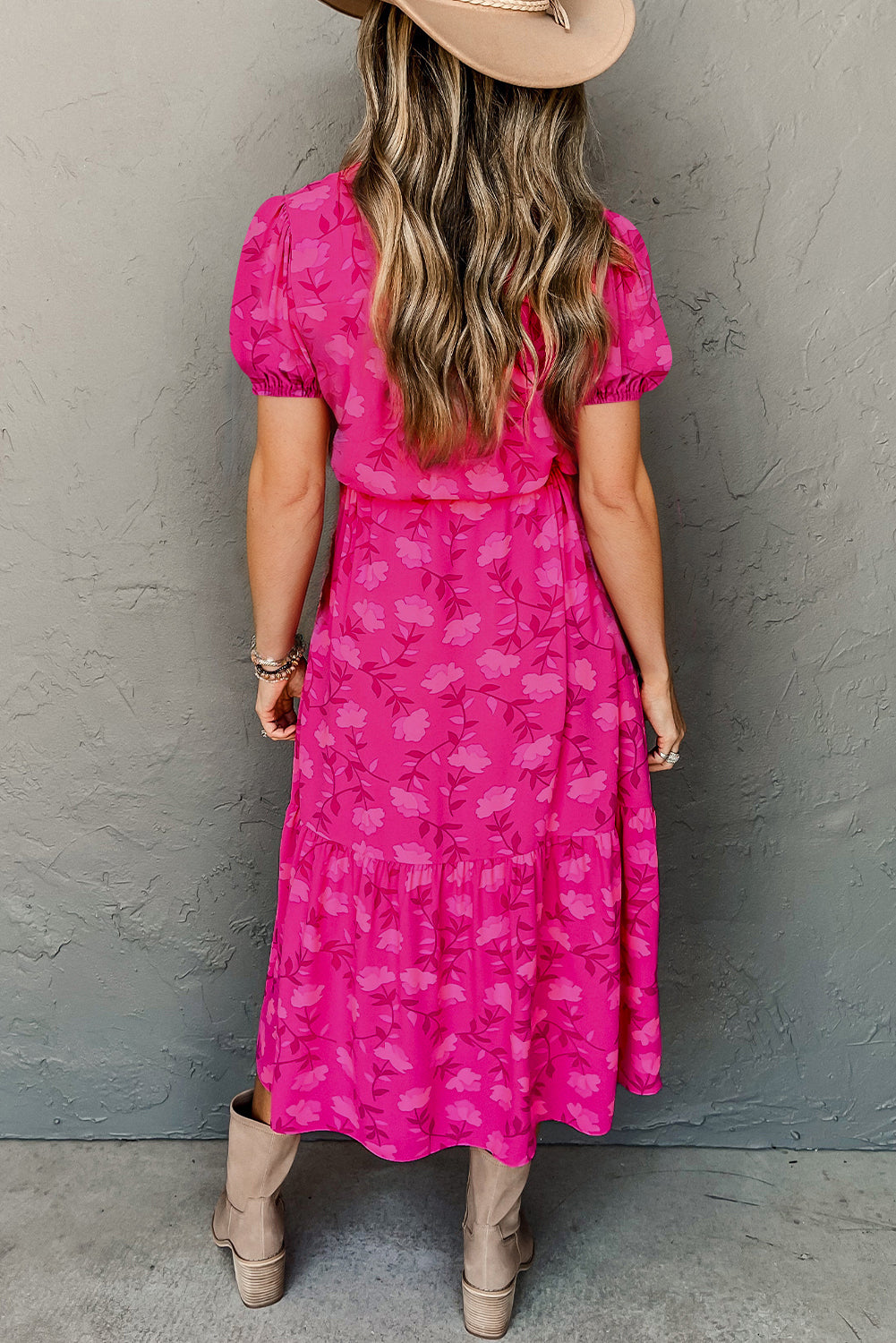 Rose Floral Print Pleated Drawstring Flowy Midi Dress
