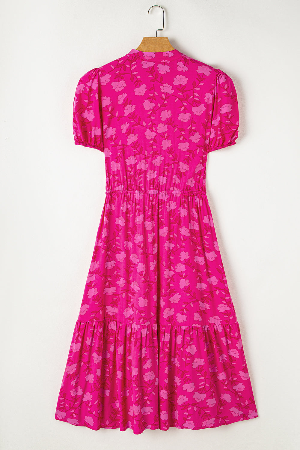 Rose Floral Print Pleated Drawstring Flowy Midi Dress