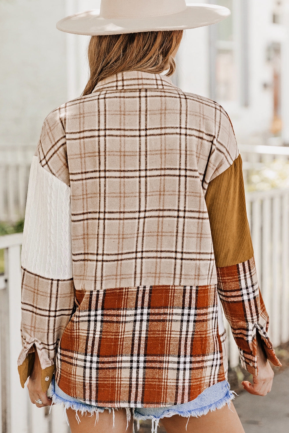 Plaid Patchwork Shirt Jacket with Pocket