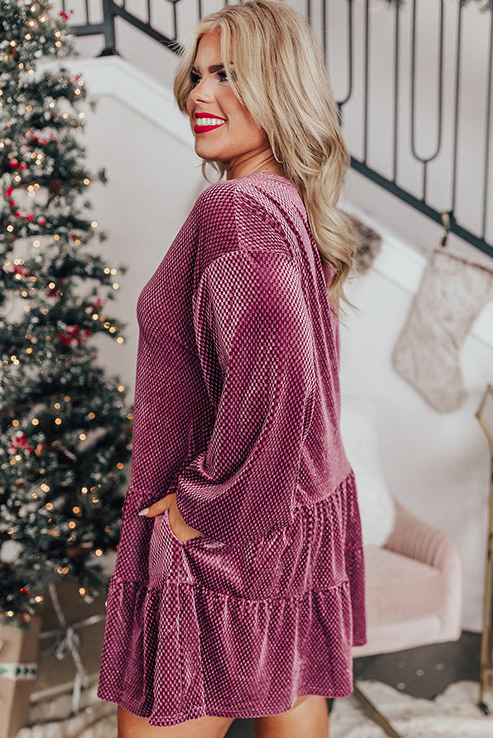 Velvet Tiered Buttons Tiered Dress