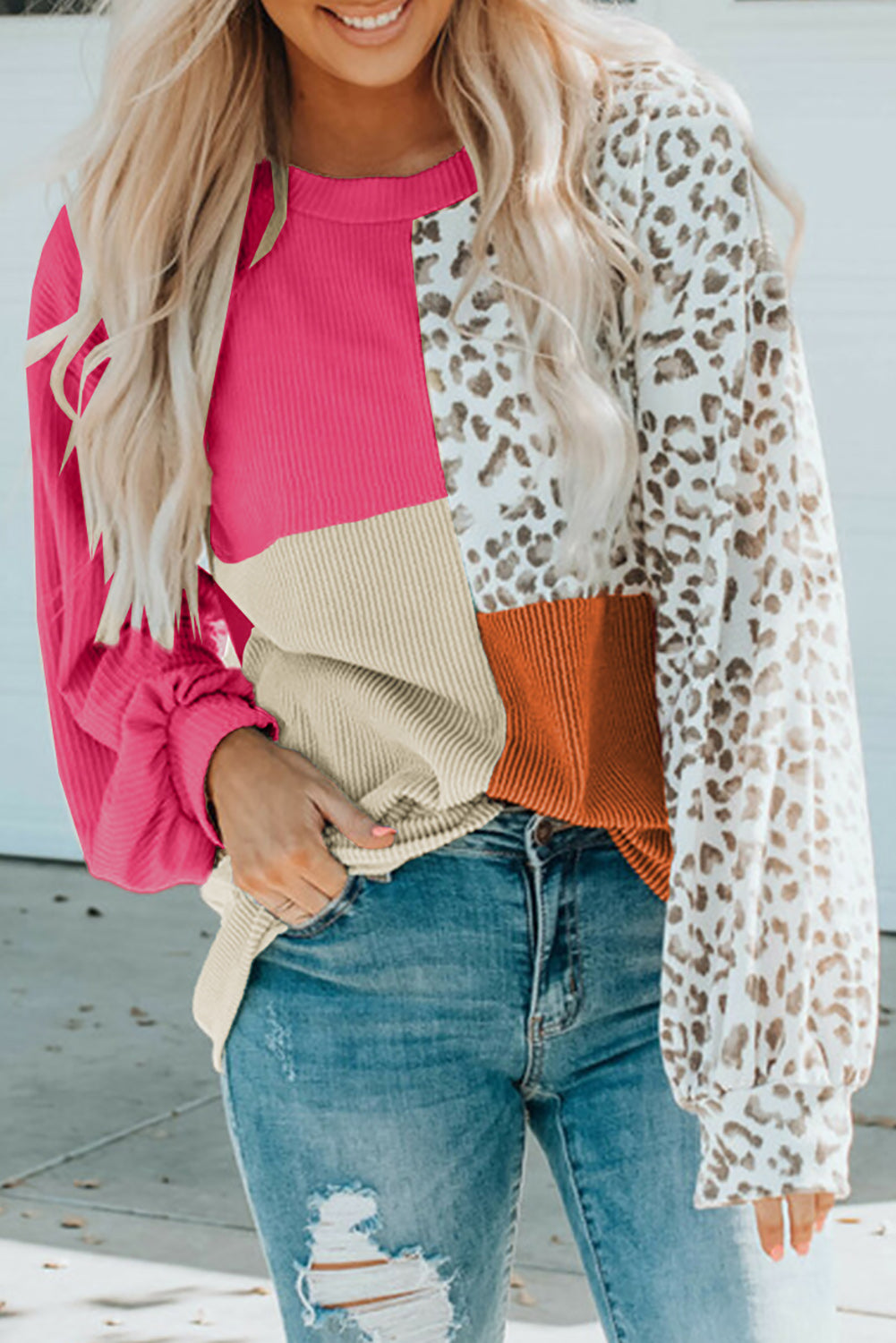 Leopard Patchwork Ribbed Long Sleeve Top