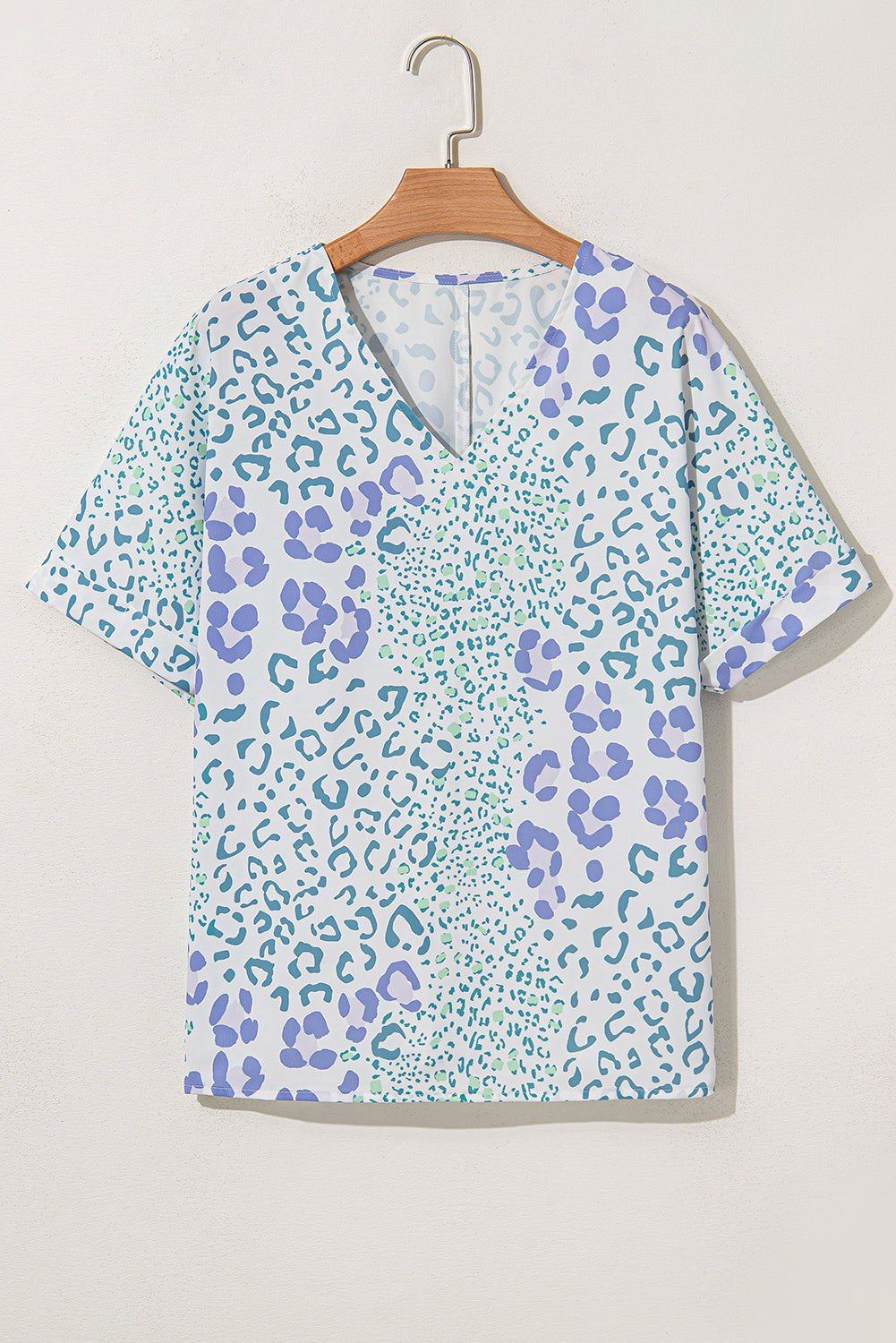 Mixed Leopard Print V Neck Short Sleeve Blouse