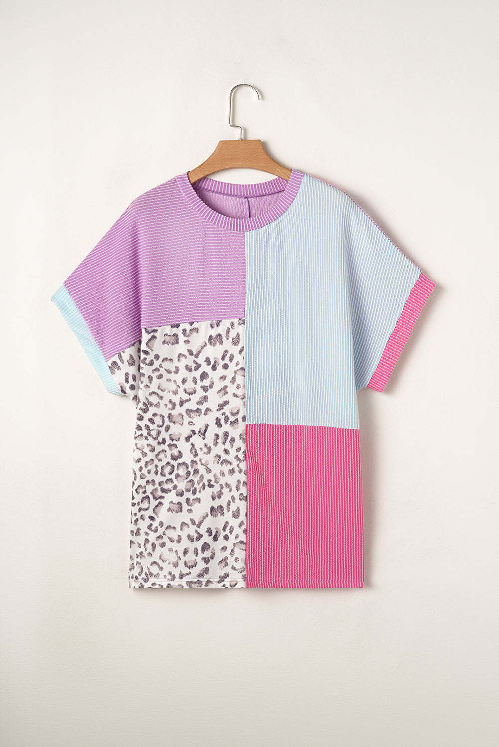 Rose Red Leopard Colorblock Patchwork Corded Knit Plus Size T Shirt