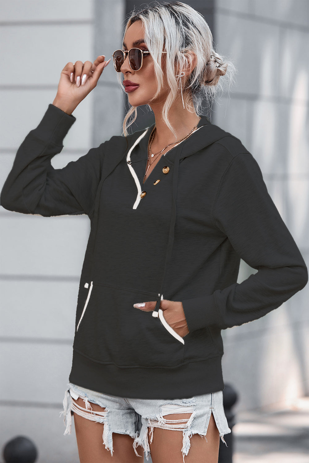 Half Button Drawstring Hoodie