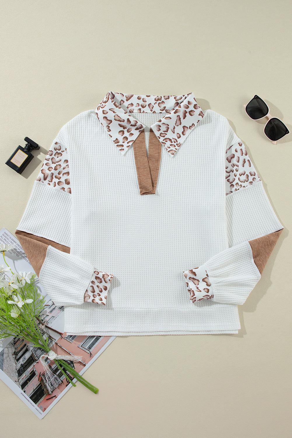 White Leopard Patchwork Turn-down Collar Top