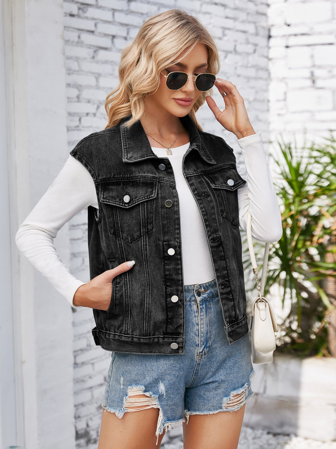 Button Up Cap Sleeve Denim Vest