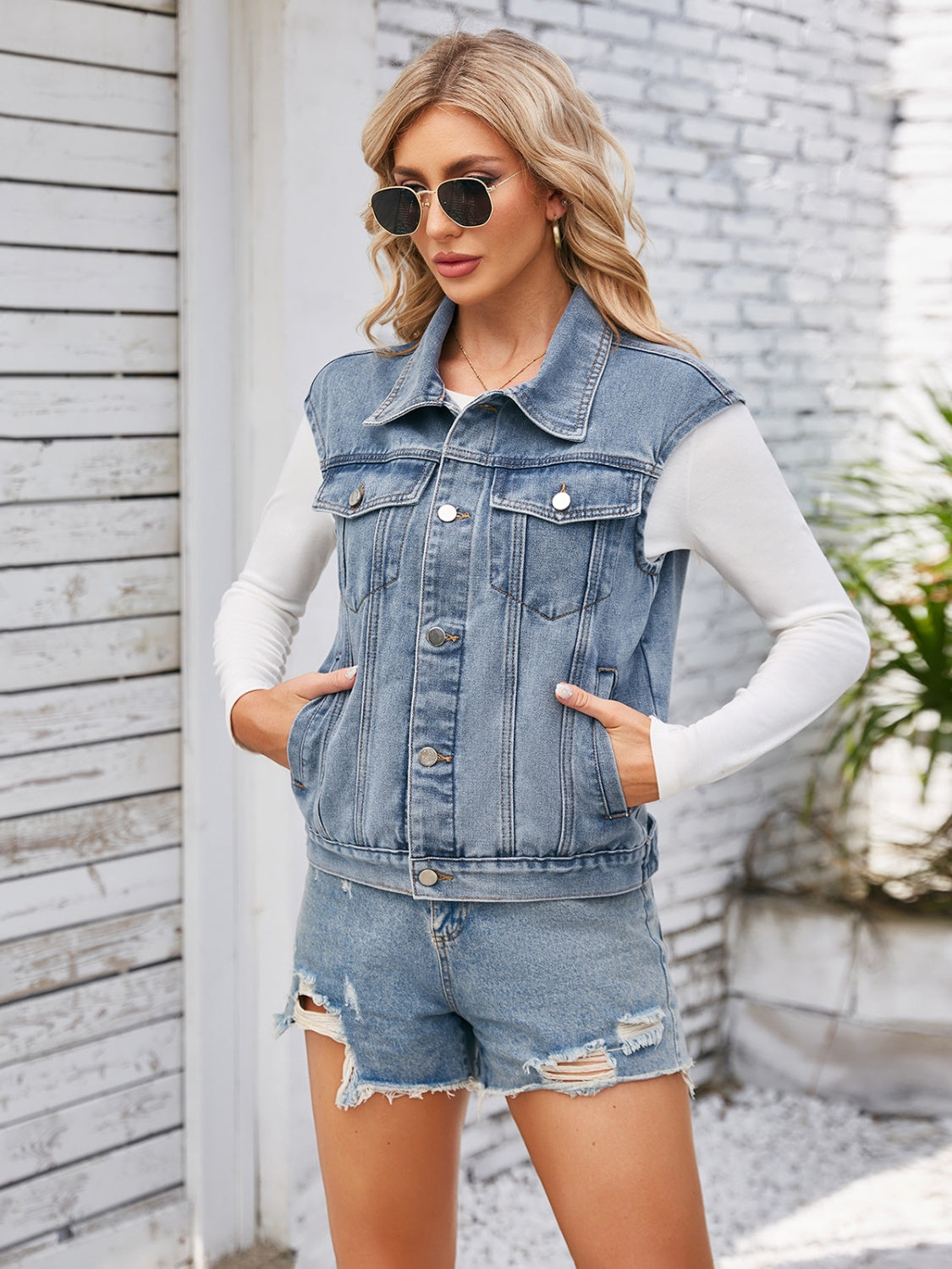 Button Up Cap Sleeve Denim Vest