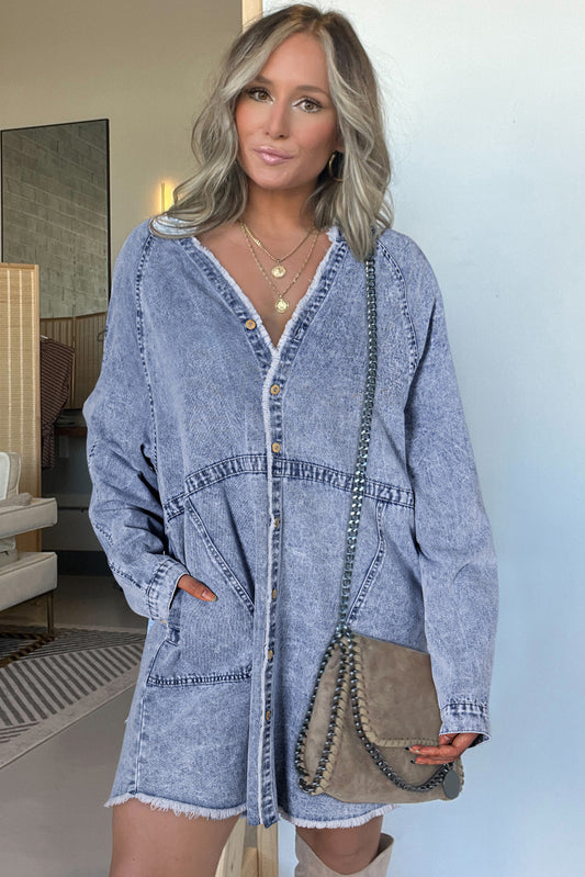 Beau Blue Wash Long Sleeve Button Up Raw Hem Pocketed Denim Dress
