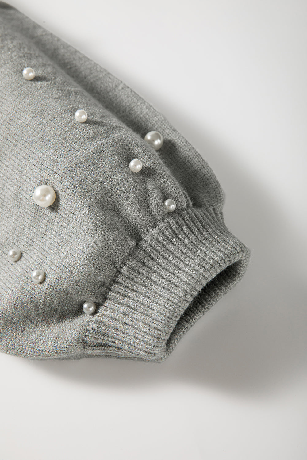 Smoke Gray Pearled Drop Shoulder Round Neck Sweater