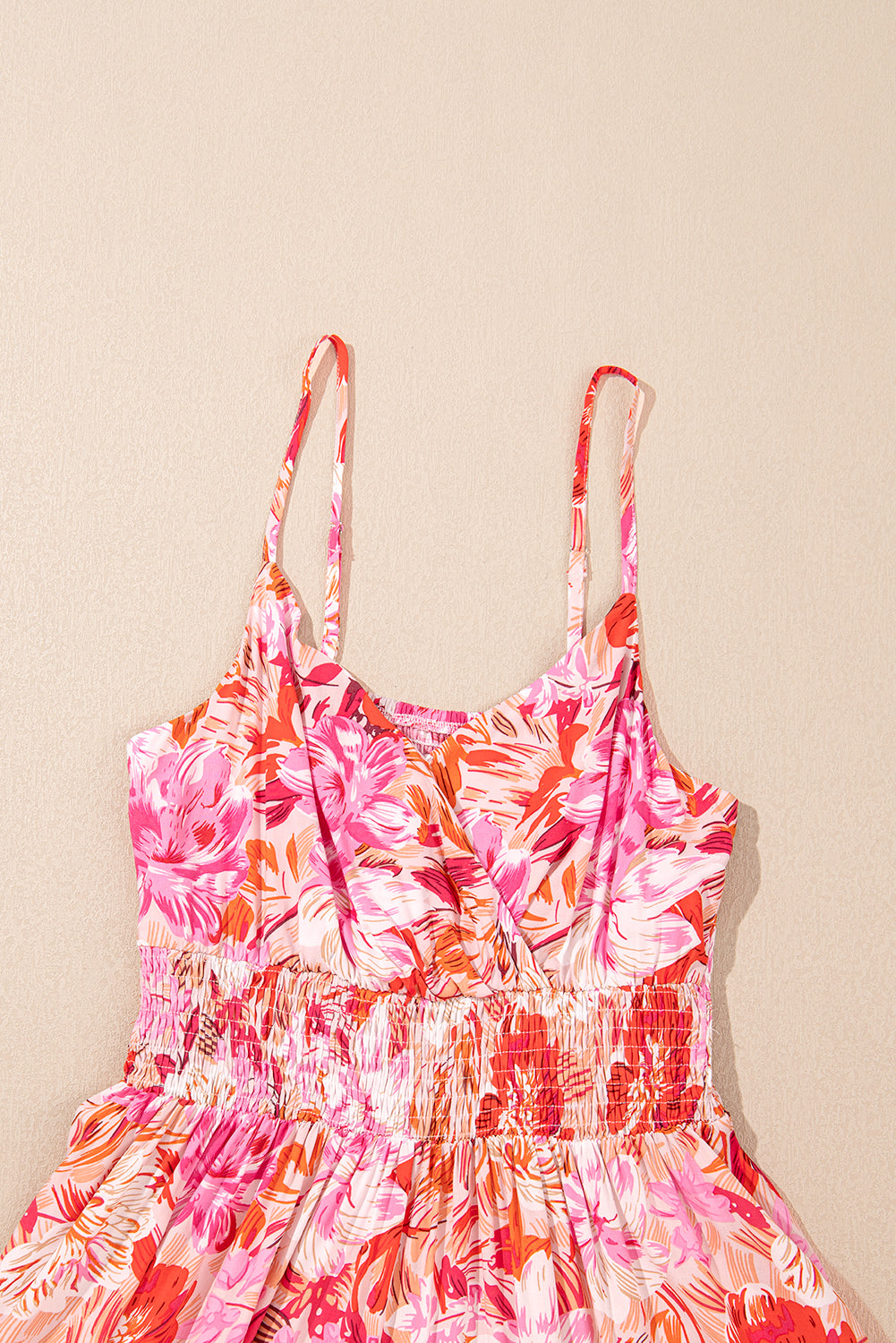 Floral Spaghetti Strap Surplice Neck Shirred Waist Mini Dress