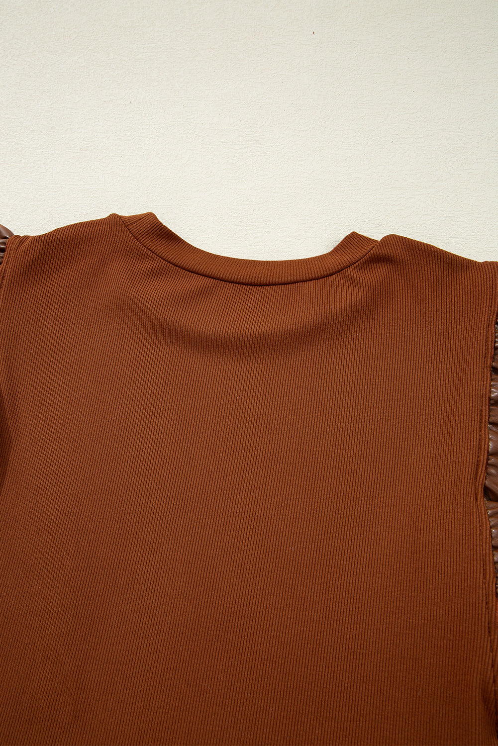Leather Ruffle Sleeve Patchwork Round Neck Blouse