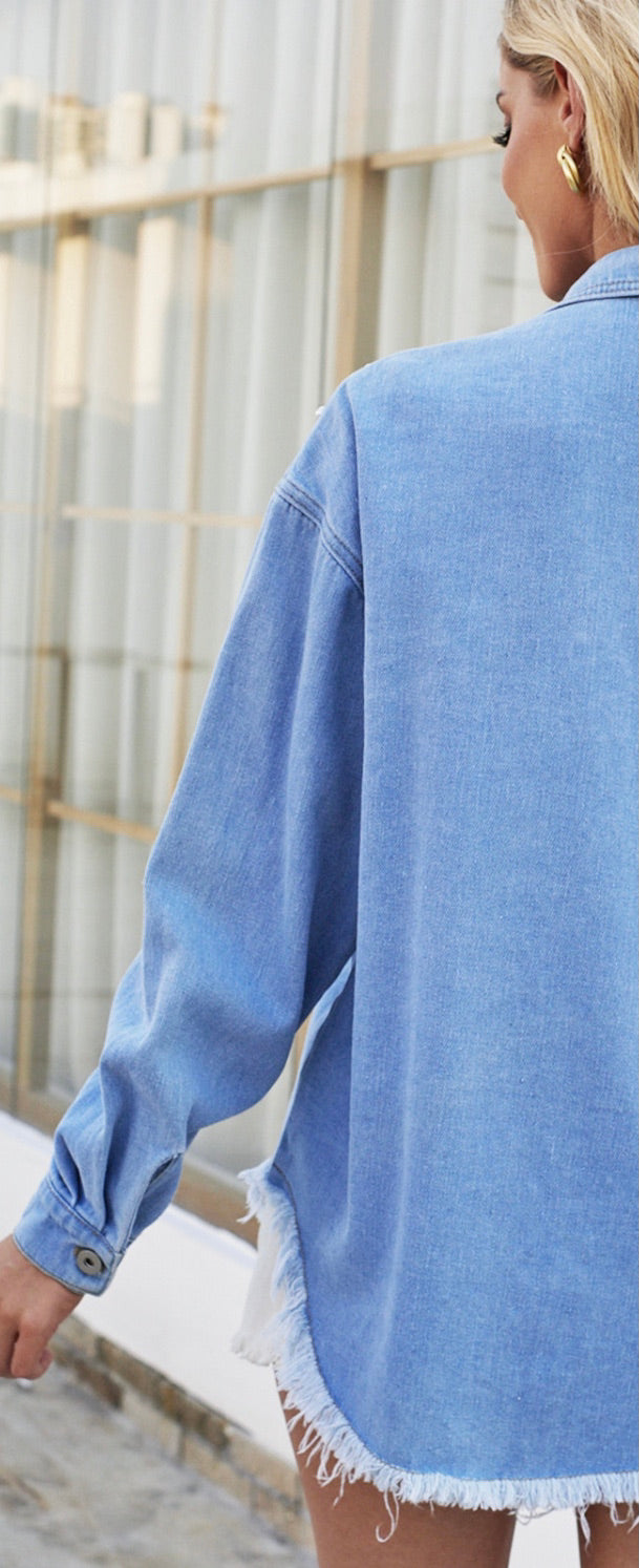 Pearl Detail Pocketed Button Up Denim Top