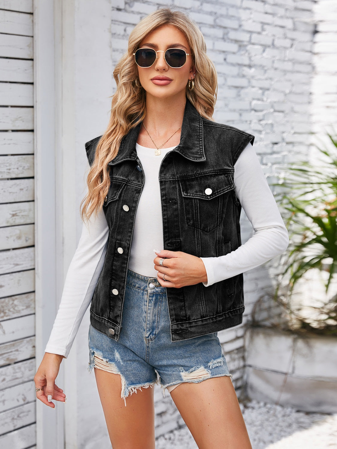 Button Up Cap Sleeve Denim Vest