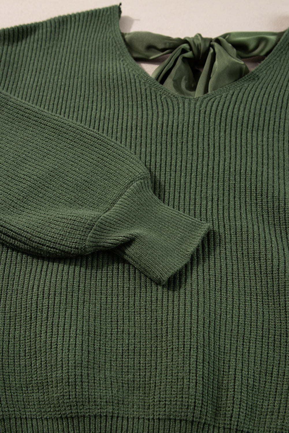 Apricot Lantern Sleeve V Neck Knot Back Sweater