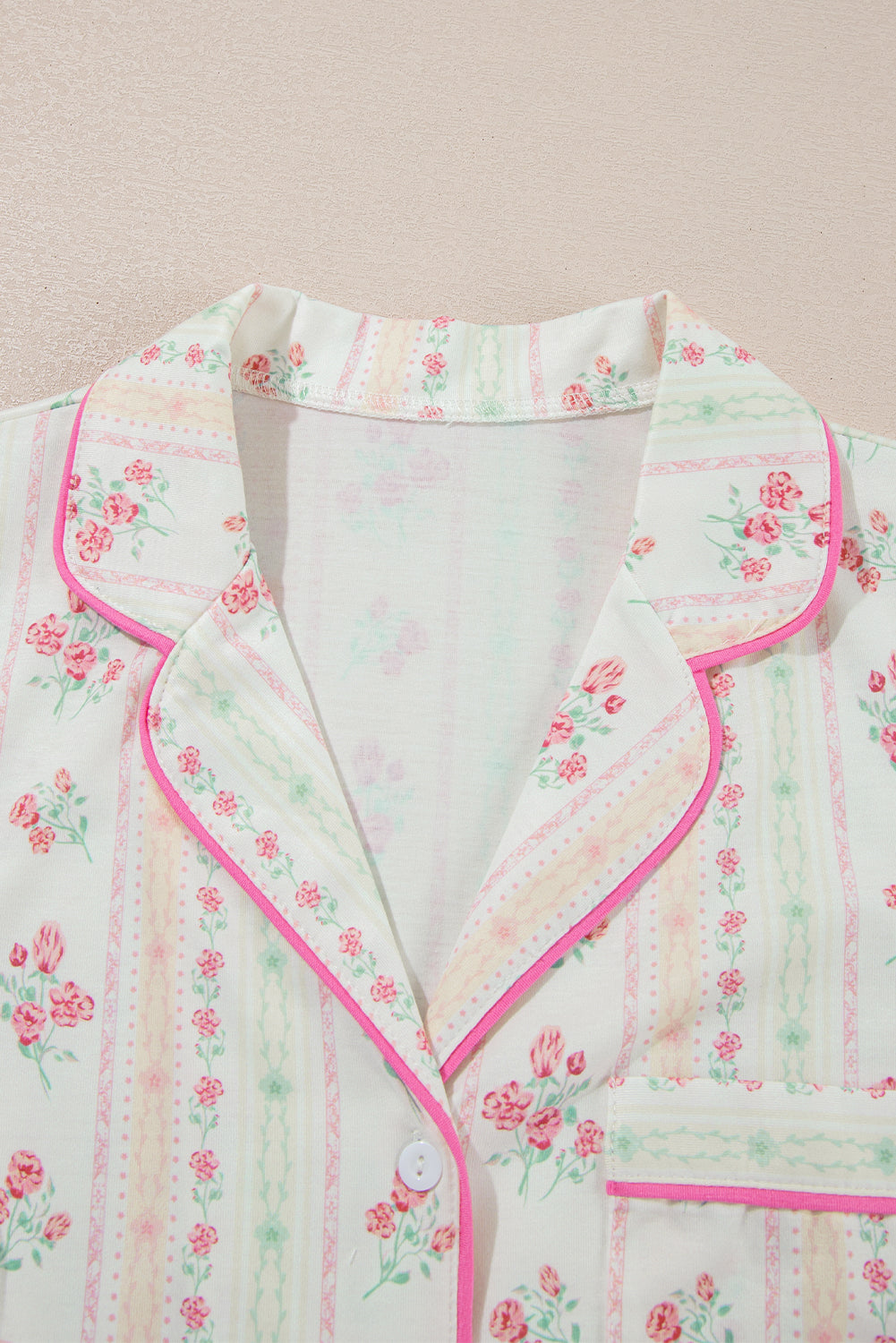 Pink Bow Print Contrast Pipping Short Pajamas Set