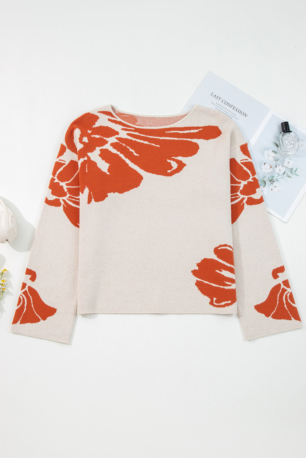 Flower Pattern Wide Sleeve Baggy Sweater
