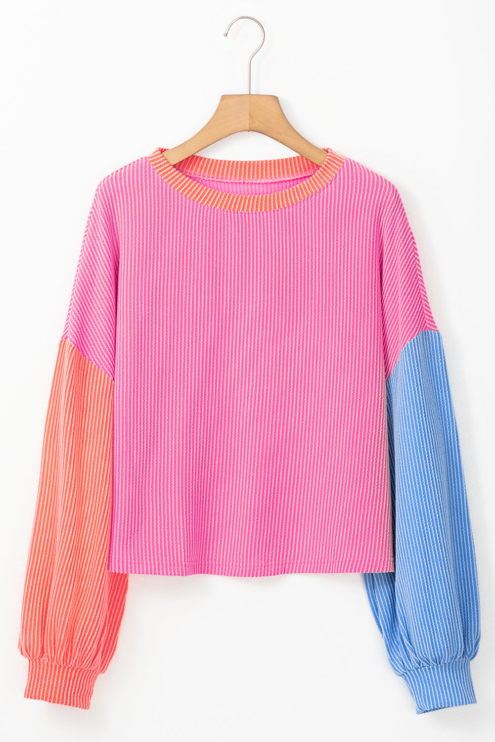 Pink Corded Patchwork Drop Shoulder Long Sleeve Top