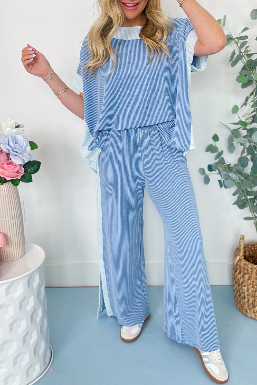 2-tone Color block Patchwork Corded 2pc Outfit