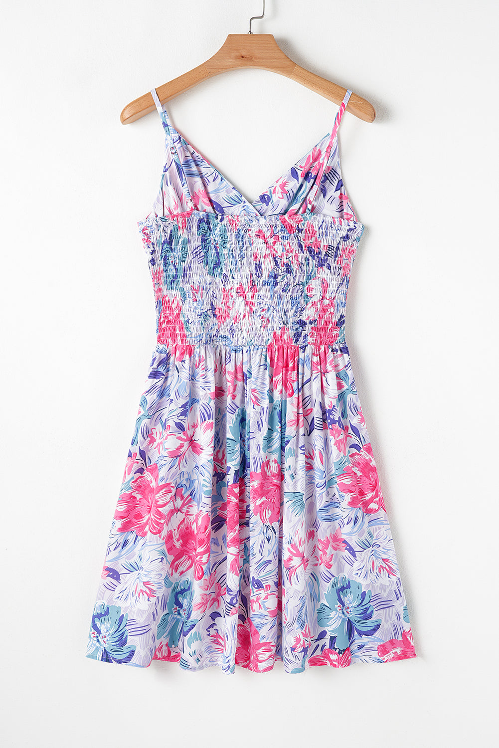 Floral Spaghetti Strap Surplice Neck Shirred Waist Mini Dress