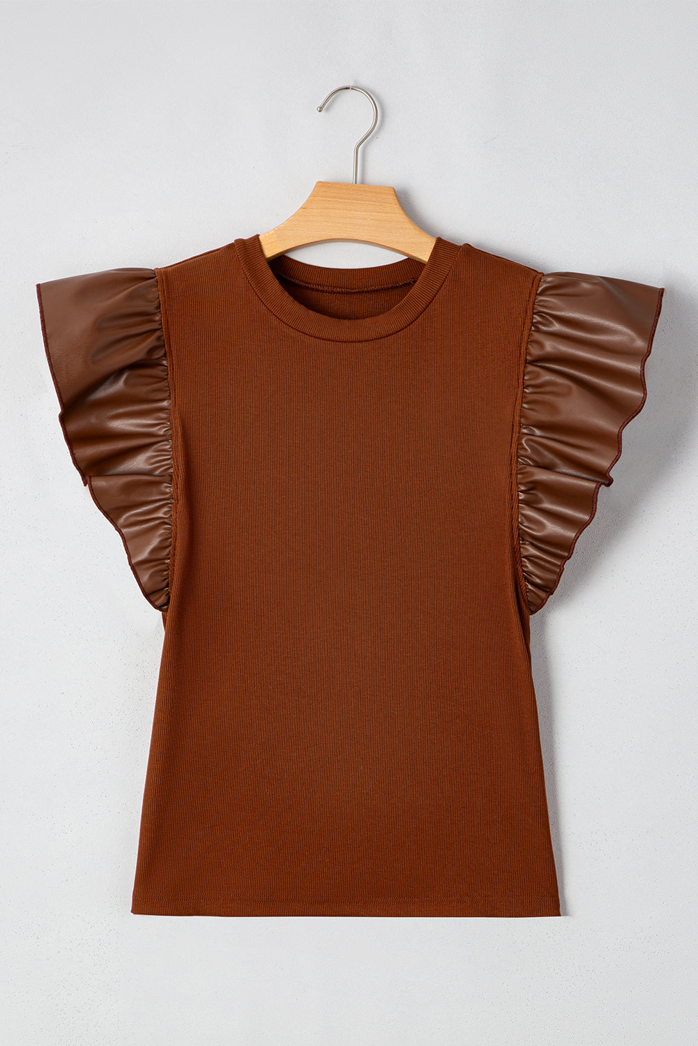 Leather Ruffle Sleeve Patchwork Round Neck Blouse
