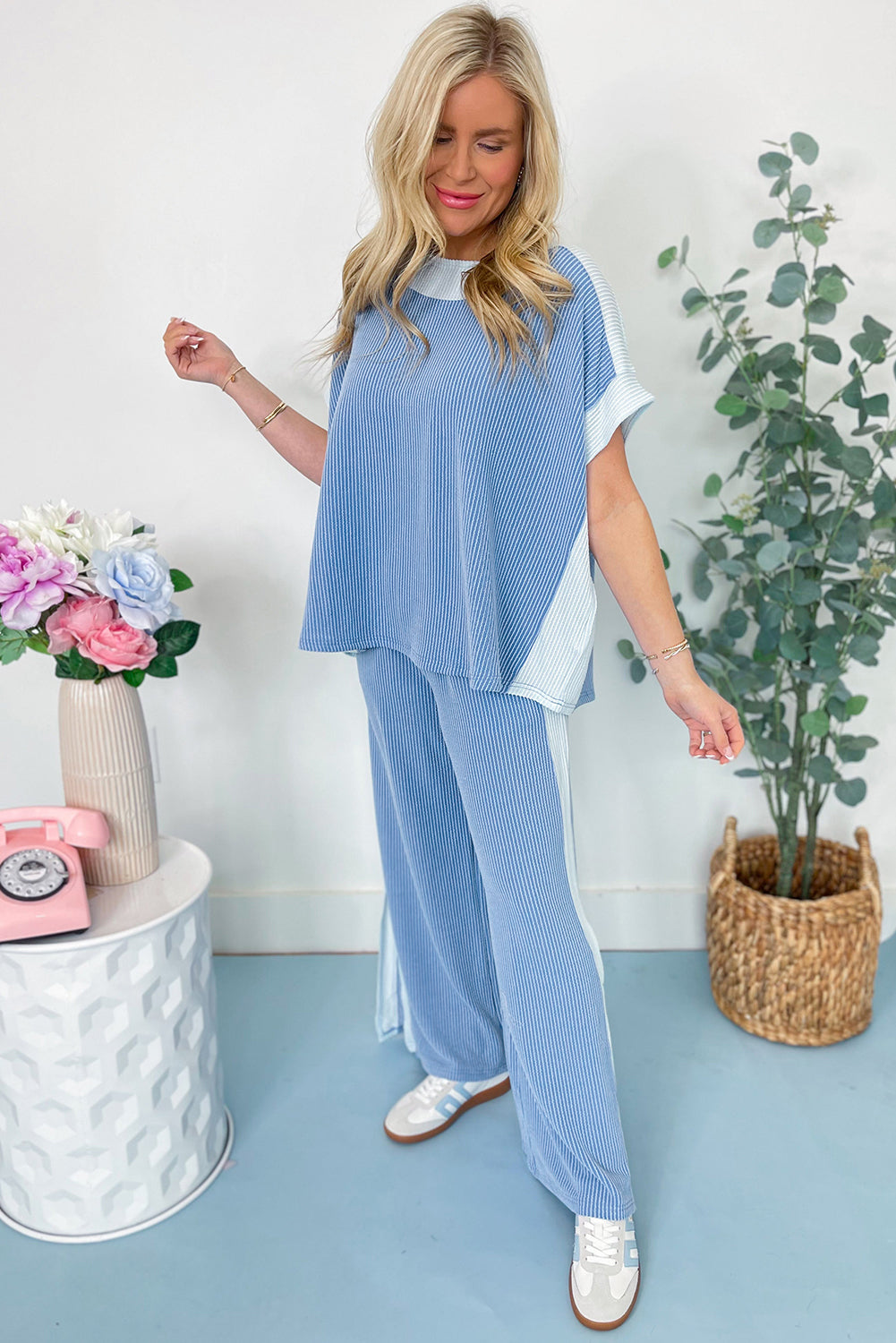 2-tone Color block Patchwork Corded 2pc Outfit