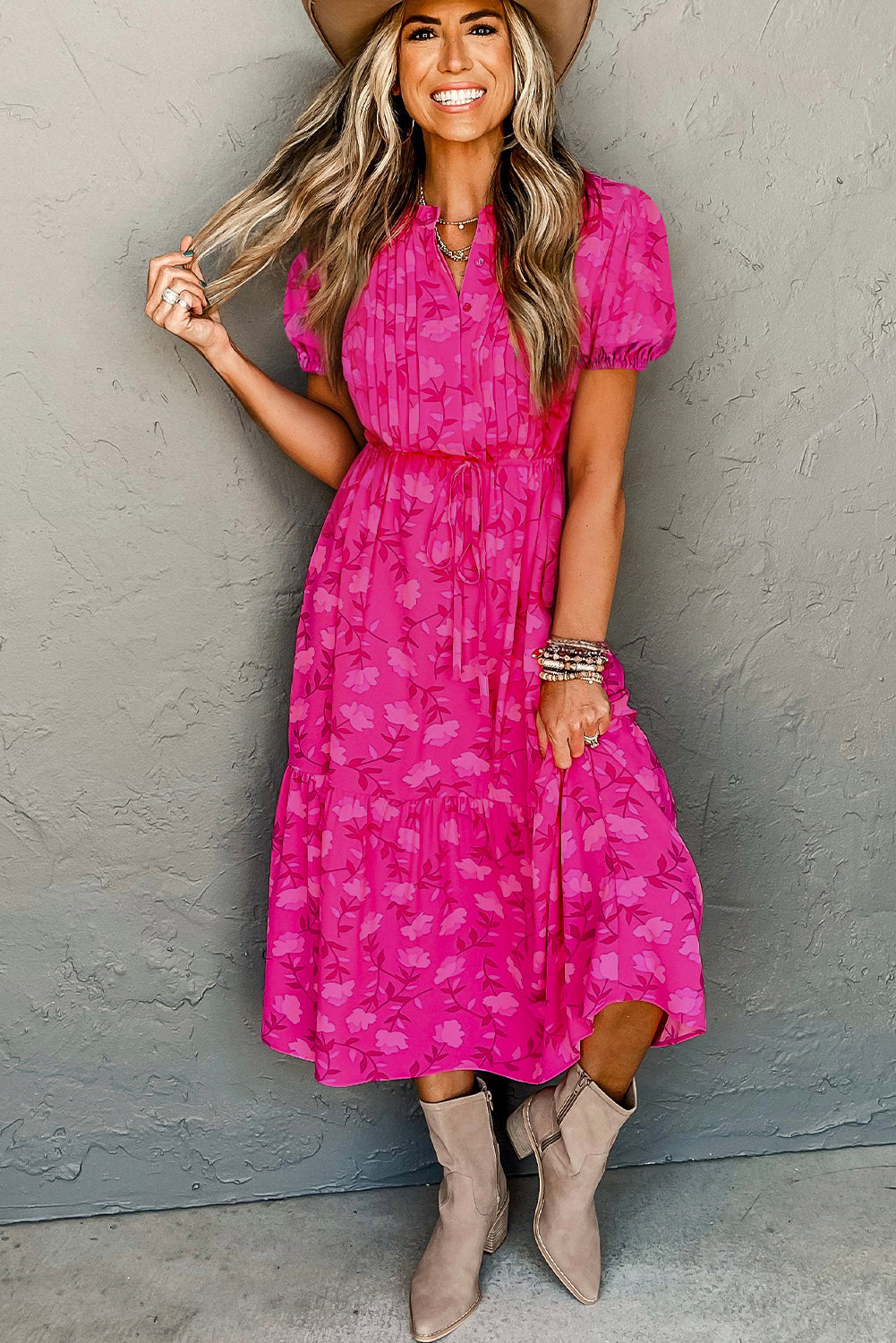 Rose Floral Print Pleated Drawstring Flowy Midi Dress