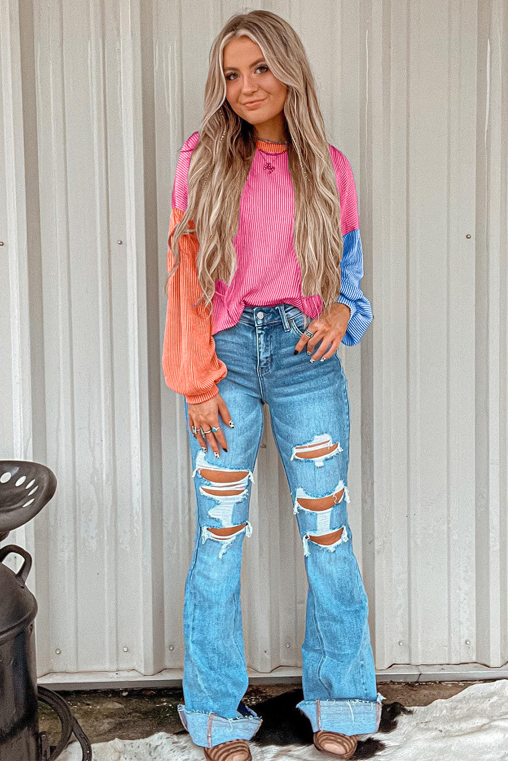 Pink Corded Patchwork Drop Shoulder Long Sleeve Top