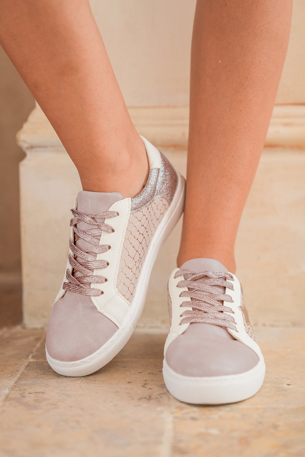 Gold Glitter Star Patchwork PU Leather Lace-up Sneakers