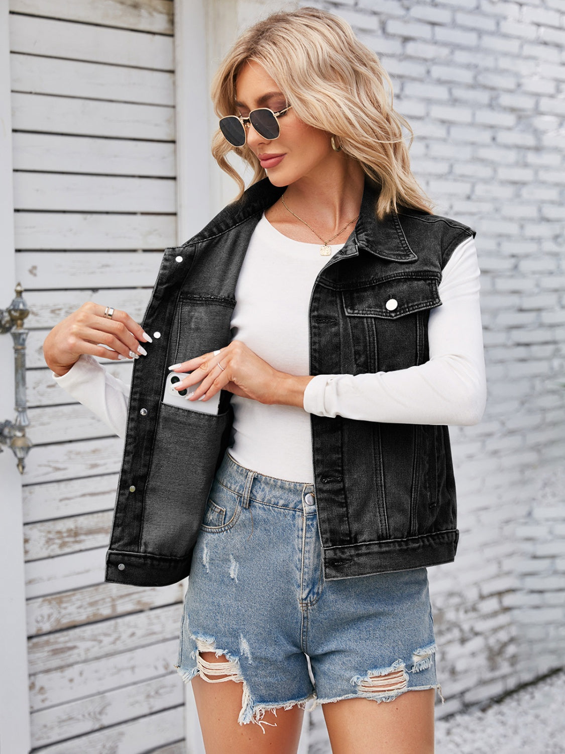 Button Up Cap Sleeve Denim Vest