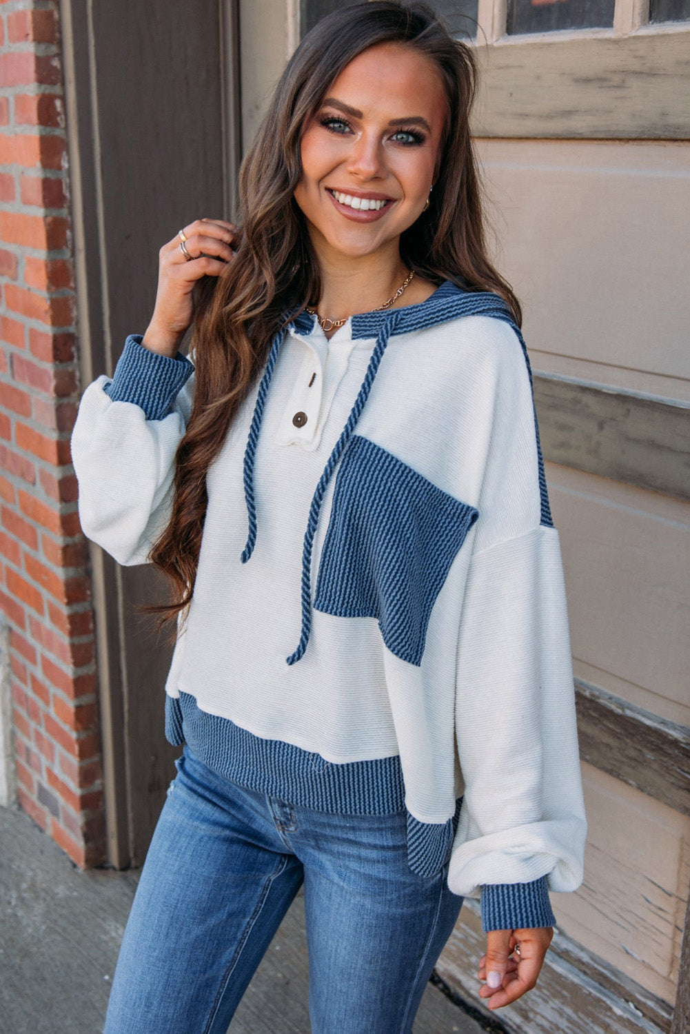 Patch Pocket Drawstring Hooded Top